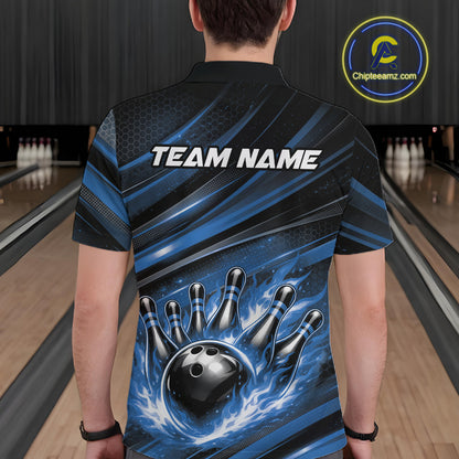 Back view of a male model in a bowling venue wearing a black and blue polo shirt featuring a flaming bowling ball and pin design.