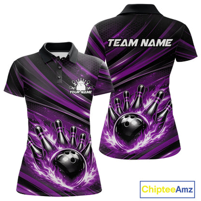 Front and back display of a black and purple women’s bowling polo shirt featuring a fiery bowling ball striking pins with abstract stripes.