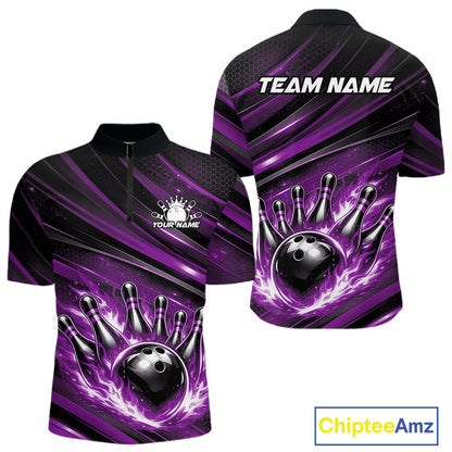Front and back display of a black and purple men’s bowling quarter-zip shirt featuring a fiery bowling ball striking pins with abstract stripes.