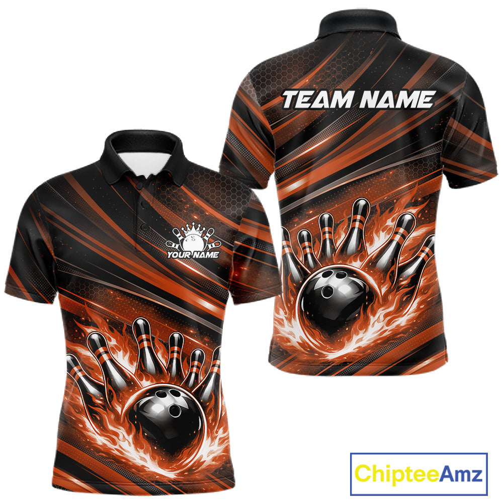 Front and back view of a black and orange men’s bowling polo shirt featuring a fiery bowling ball striking pins with bold abstract stripe graphics.