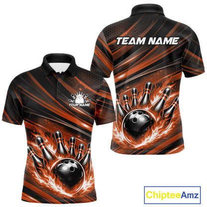 Front and back view of a black and orange men’s bowling polo shirt featuring a fiery bowling ball striking pins with bold abstract stripe graphics.