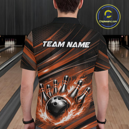 Back view of a male model in a bowling center wearing a black and orange polo shirt showcasing a fiery bowling action scene.
