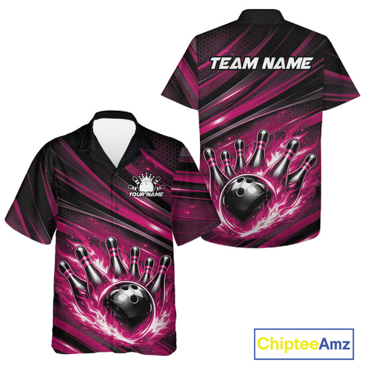 Front and back mockup of a black and pink button-up bowling shirt featuring a fiery bowling ball striking pins with abstract stripe artwork.
