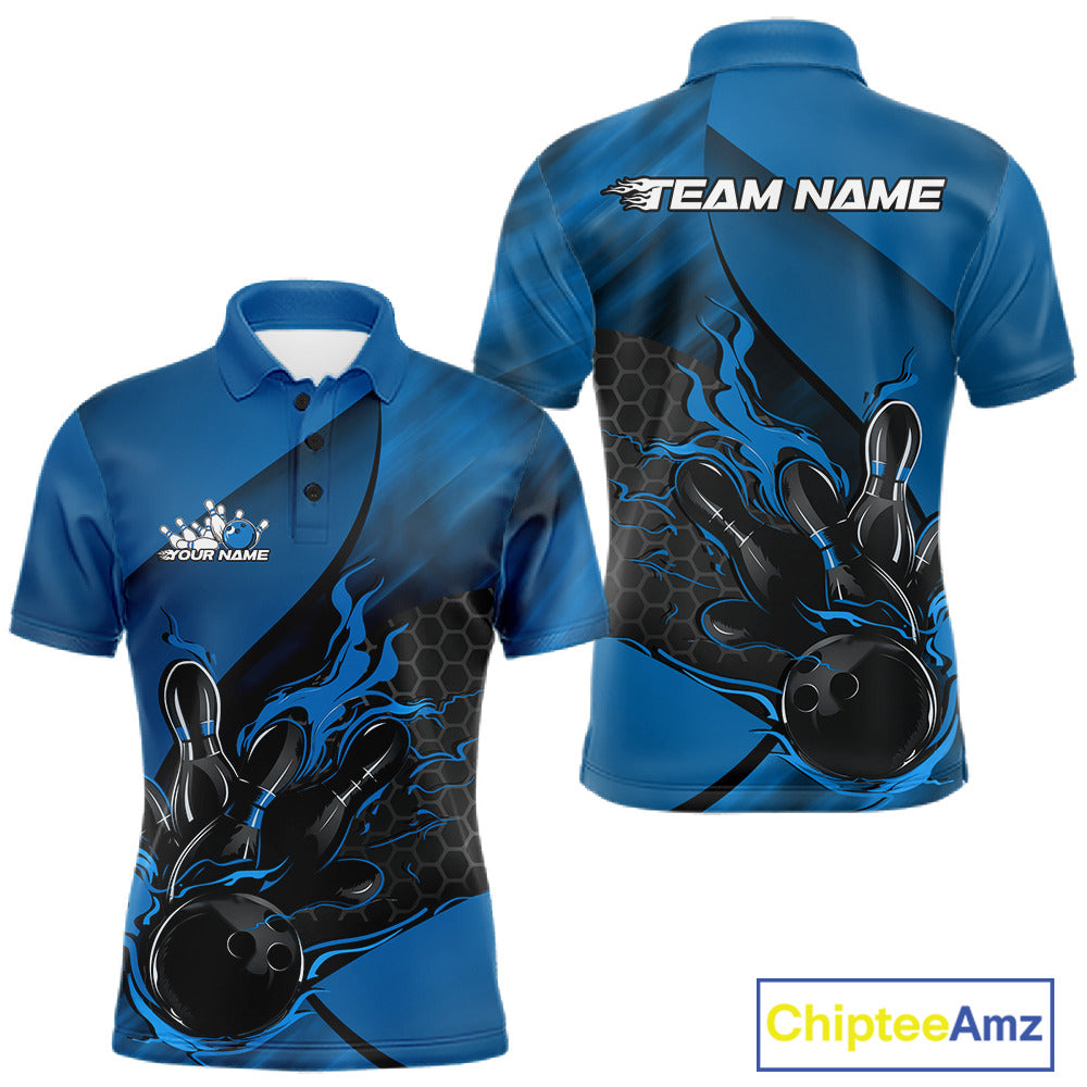 Front and back display of a black and blue men’s bowling polo shirt featuring a flaming bowling ball striking pins over a hexagon motif.
