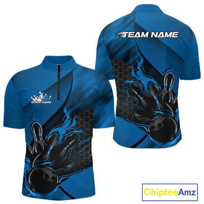 Front and back display of a black and blue men’s bowling quarter-zip shirt featuring a flaming bowling ball striking pins over a hexagon motif.