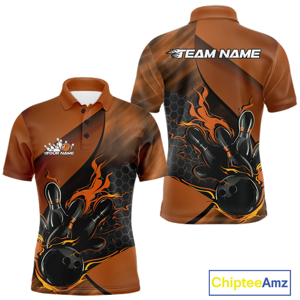 Front and back view of a black and orange men’s bowling polo shirt showcasing a flaming bowling ball striking pins with geometric hexagon artwork.