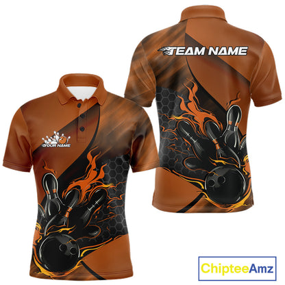 Front and back view of a black and orange men’s bowling polo shirt showcasing a flaming bowling ball striking pins with geometric hexagon artwork.