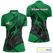 Load image into Gallery viewer, Custom Green Flame Bowling Team Women Quarter-Zip Shirt, Bowling League Bowler Outfits IPHW11193
