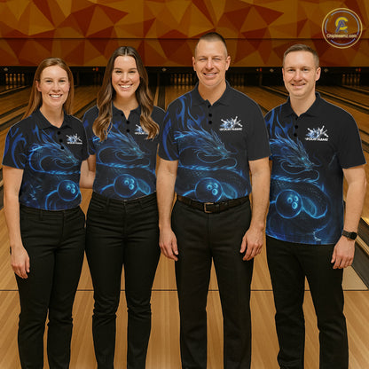 Custom Blue Tribal Flame Dragon Bowlin Team Men Polo Shirt, Dragon Bowling Jerseys IPHW10229