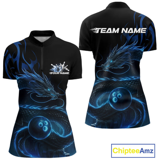 Custom Blue Tribal Flame Dragon Bowlin Women Quarter-Zip Shirt, Dragon Bowling Jerseys IPHW10229
