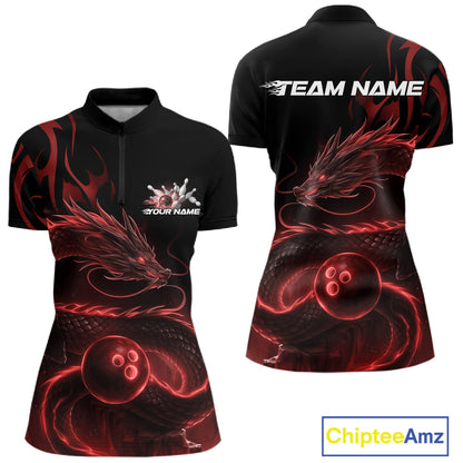 Custom Red Tribal Flame Dragon Bowlin Women Quarter-Zip Shirt, Dragon Bowling Jerseys IPHW10230