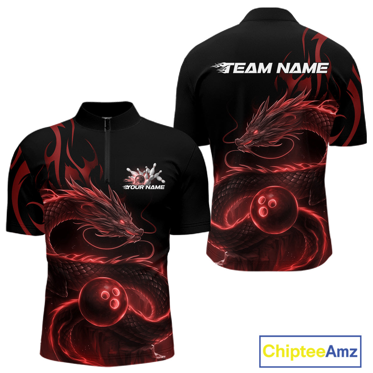 Custom Red Tribal Flame Dragon Bowlin Team Men Quarter-Zip Shirt, Dragon Bowling Jerseys IPHW10230