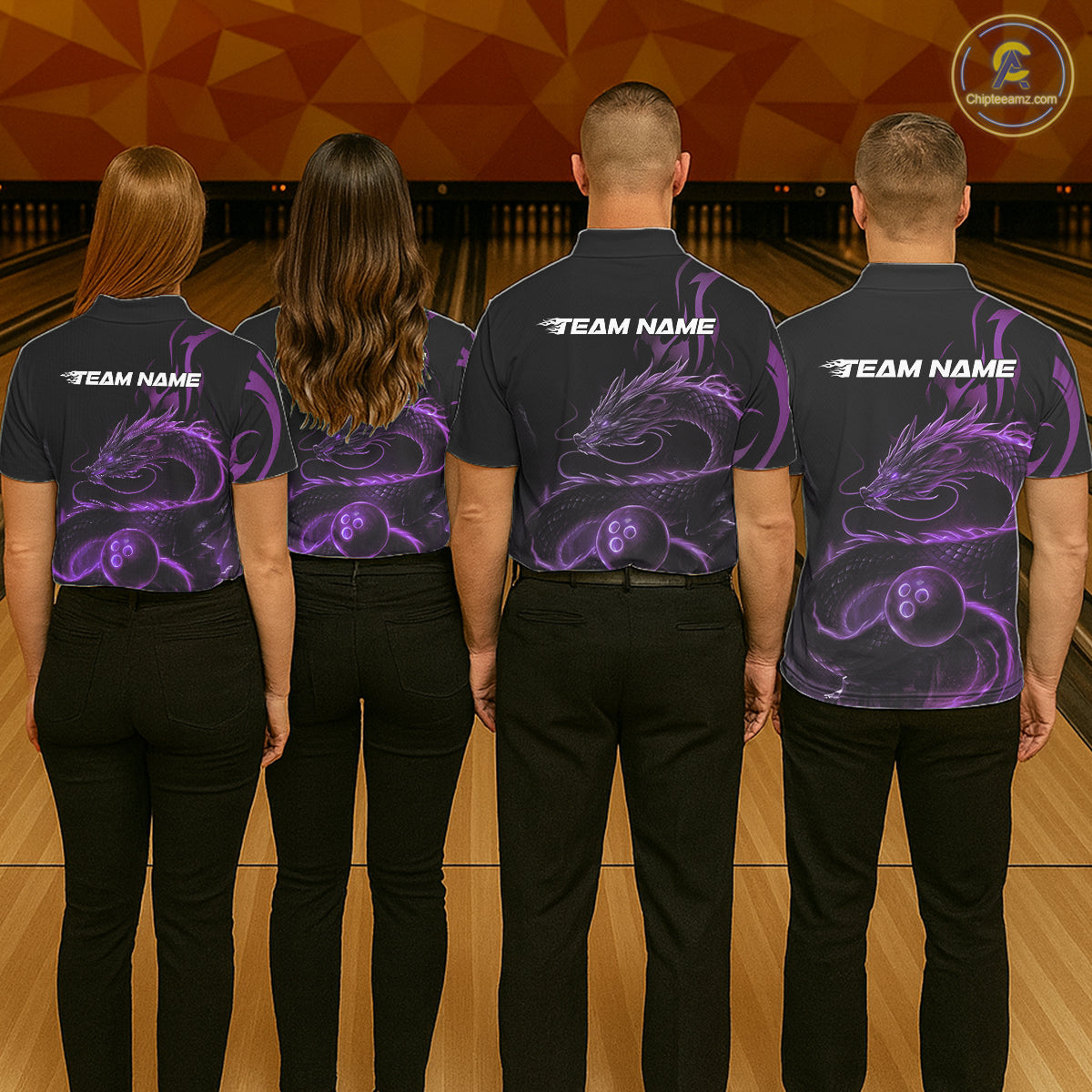 Custom Purple Tribal Flame Dragon Bowlin Team Men Polo Shirt, Dragon Bowling Jerseys IPHW10231