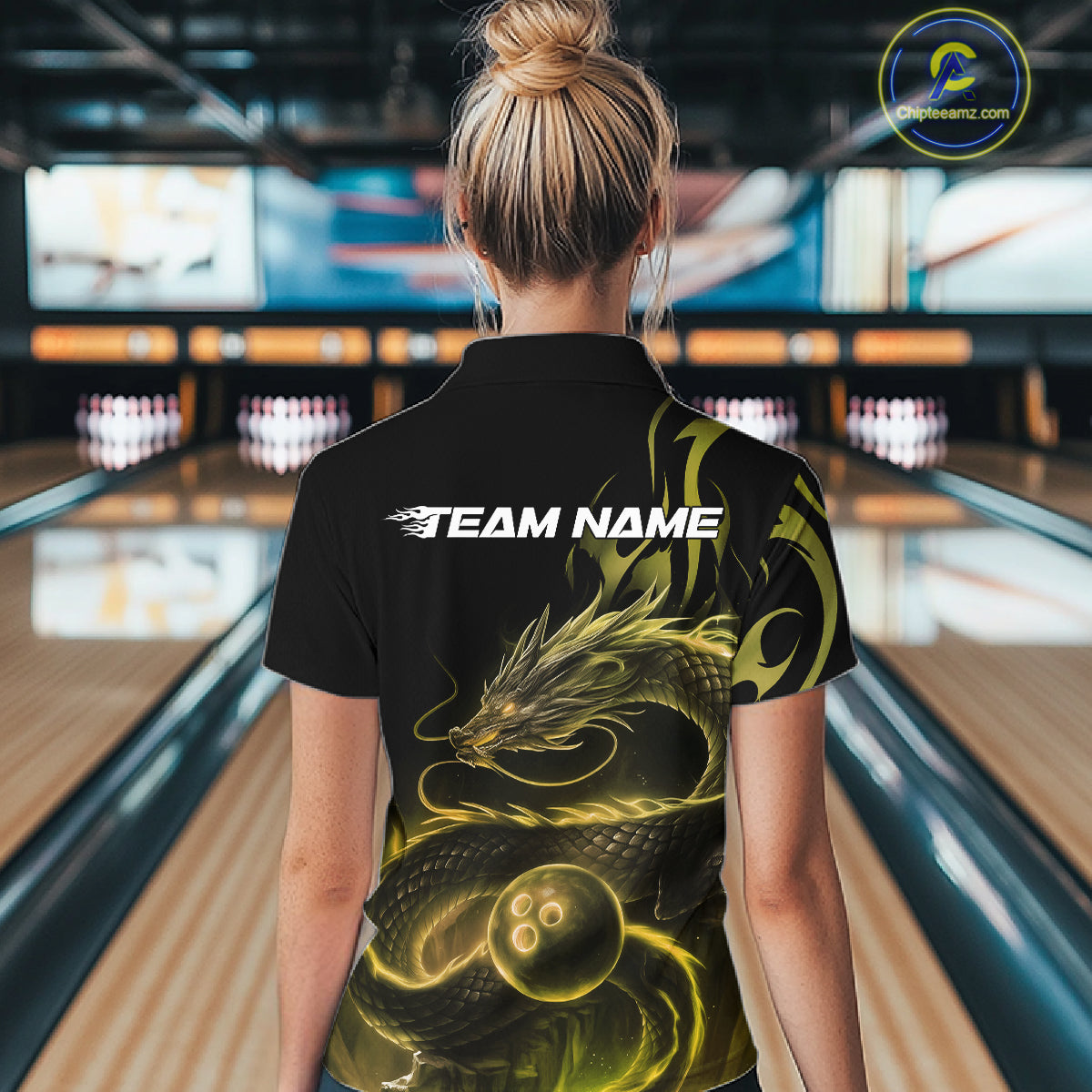 Custom Gold Tribal Flame Dragon Bowlin Women Quarter-Zip Shirt, Dragon Bowling Jerseys IPHW10232