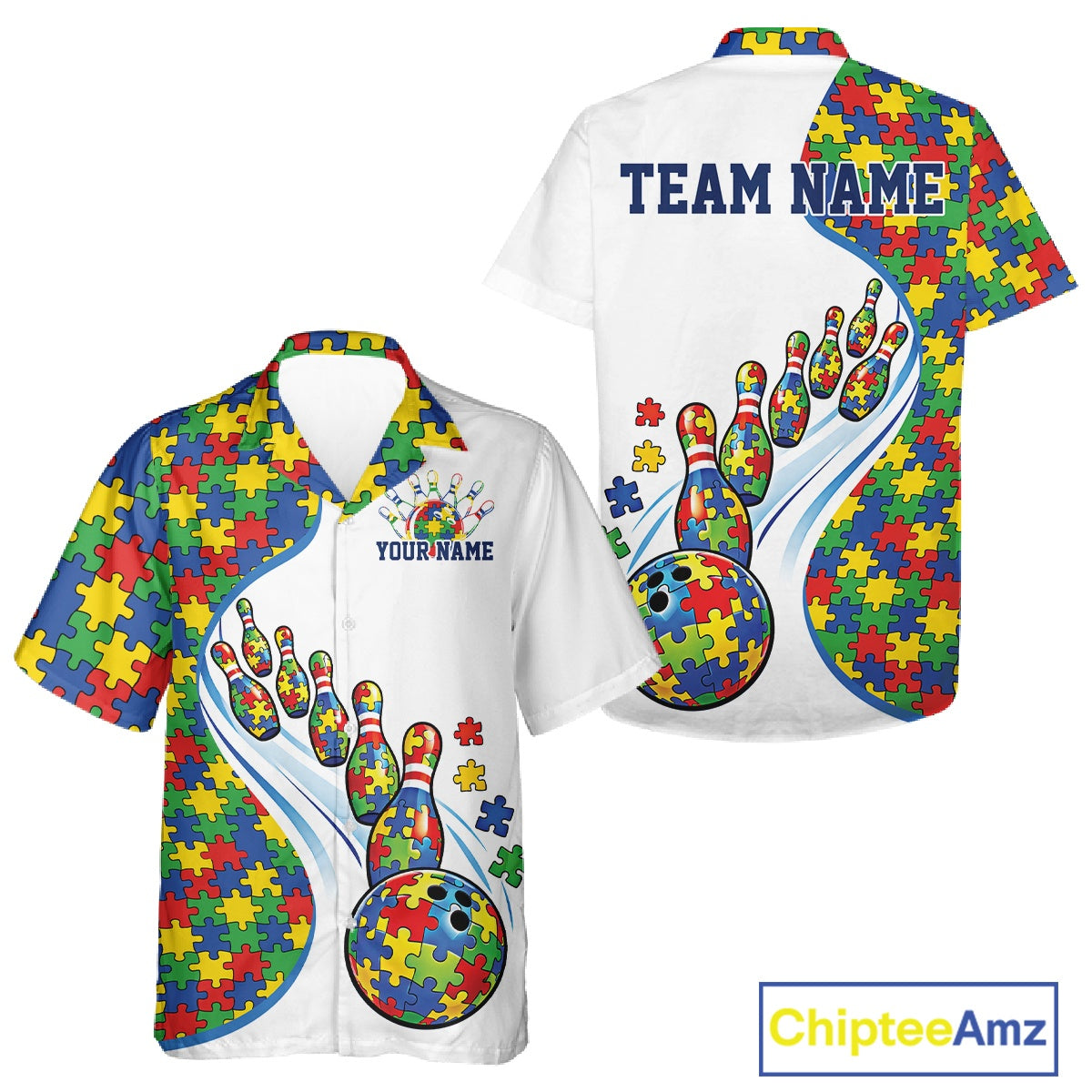 Button-up bowling shirt mockup showcasing white shirt with autism bowling strike artwork and colorful puzzle accents in a clean design
