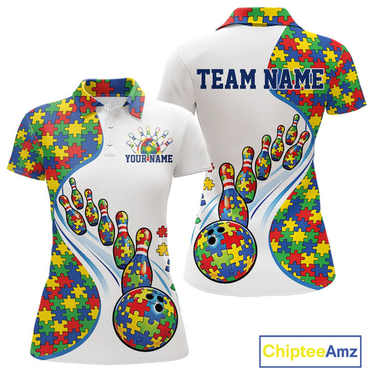 Women’s polo shirt mockup front and back showing colorful autism bowling strike artwork with puzzle elements on white shirt
