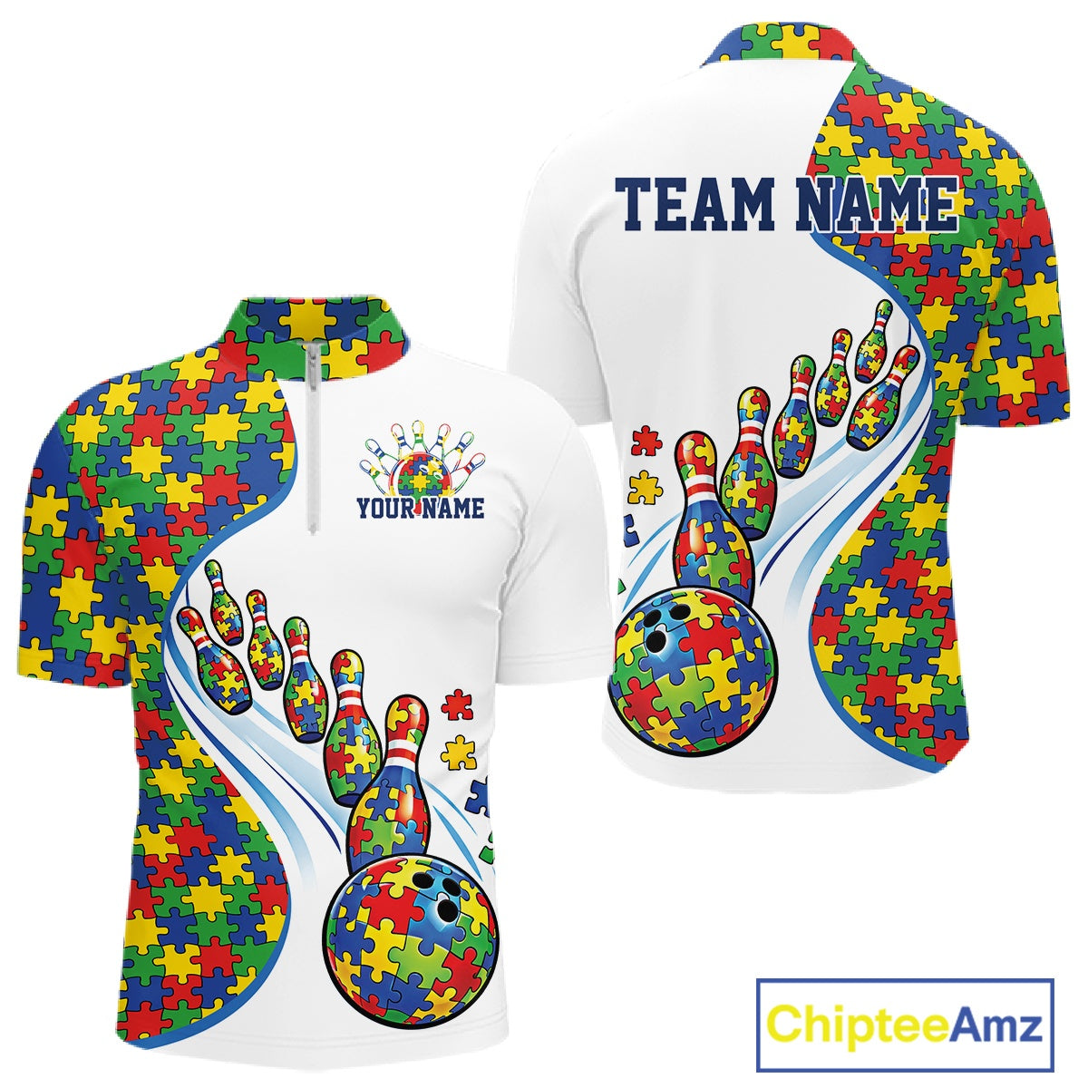 Front And Back View Of Mens White Bowling Quarter-Zip Mockup Showcasing Colorful Autism Bowling Strike Illustration And Puzzle Style Artwork