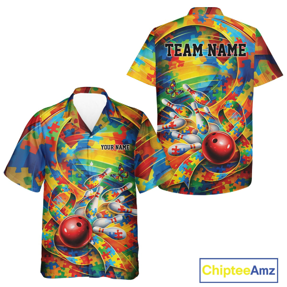 Button-up bowling shirt mockup displaying autism awareness ribbon with multicolored puzzle bowling motif and playful energetic design