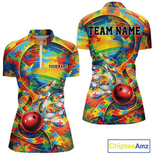 Front and back view of a women’s quarter-zip bowling shirt mockup featuring autism puzzle bowling design with multi-colored ribbon and bowling elements.