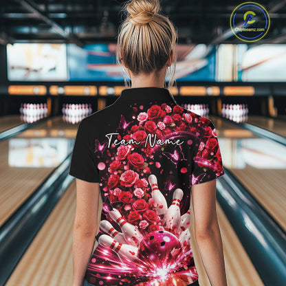 Custom Beautiful Red Roses And Butterfly Women Bowling Team Shirt, Bowling League Shirt IPHW10888
