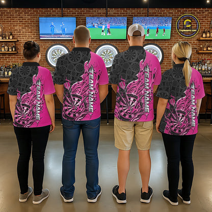 Custom Black And Pink Flame Dartboard Dart Jerseys, Dartboard Pattern Darts Tournament Team Shirts IPHW10415
