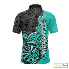 Load image into Gallery viewer, Custom Black And Turquoise Blue Flame Dartboard Dart Jerseys, Dartboard Pattern Darts Tournament Team Shirts IPHW10418