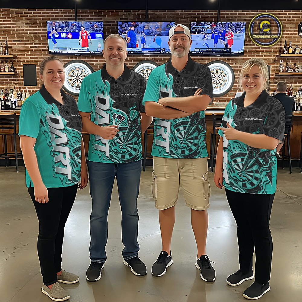 Custom Black And Turquoise Blue Flame Dartboard Dart Jerseys, Dartboard Pattern Darts Tournament Team Shirts IPHW10418