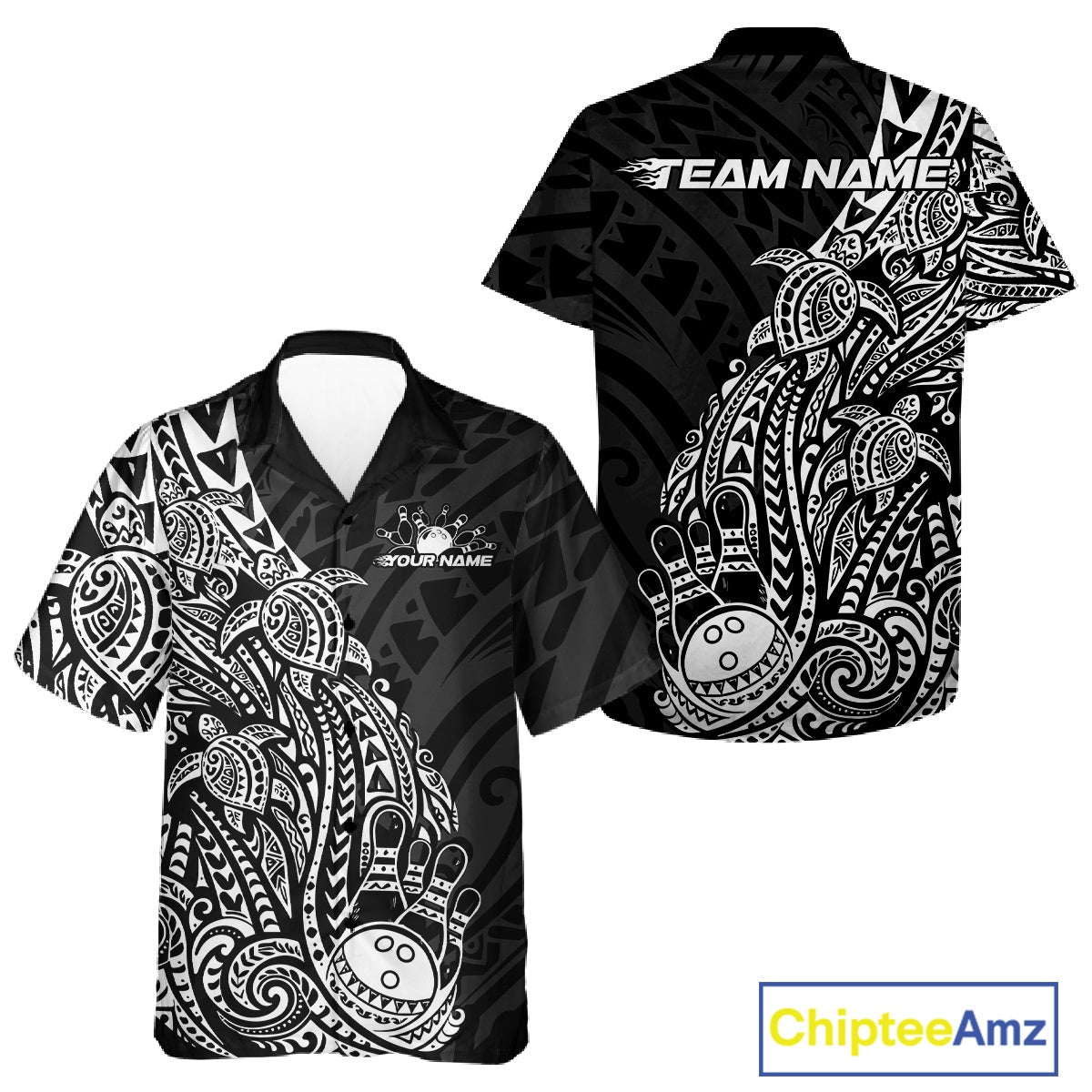 Front and back views of a black and white button-up bowling shirt showcasing bowling graphics accented by tribal swirls and turtle-inspired Polynesian motifs.