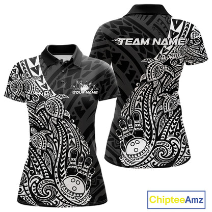 Front and back views of a black and white womens bowling polo shirt with bowling pins and a ball accented by tribal swirls and Polynesian patterns.