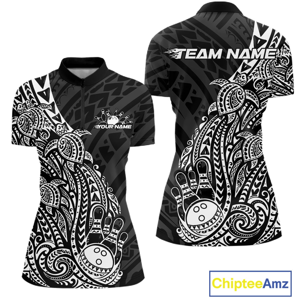 Front and back views of a black and white womens bowling quarter-zip shirt showcasing bowling pins, a bowling ball, and Polynesian turtle patterns.