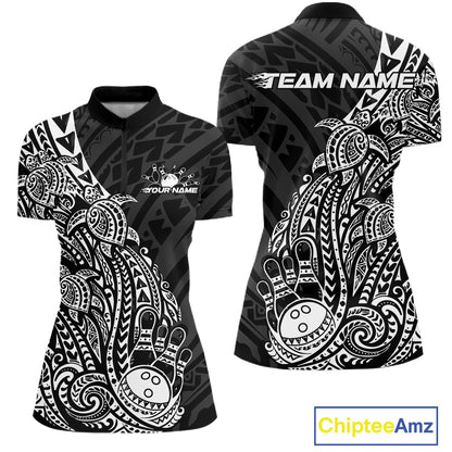 Front and back views of a black and white womens bowling quarter-zip shirt showcasing bowling pins, a bowling ball, and Polynesian turtle patterns.