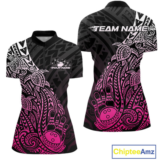 Front and back views of a black and pink womens bowling quarter-zip shirt showcasing bowling ball and pin graphics framed by tribal swirls and turtle patterns.