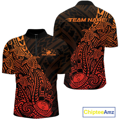 Front and back views of a black and red orange mens bowling quarter-zip shirt featuring bowling pins and a ball surrounded by tribal swirls.
