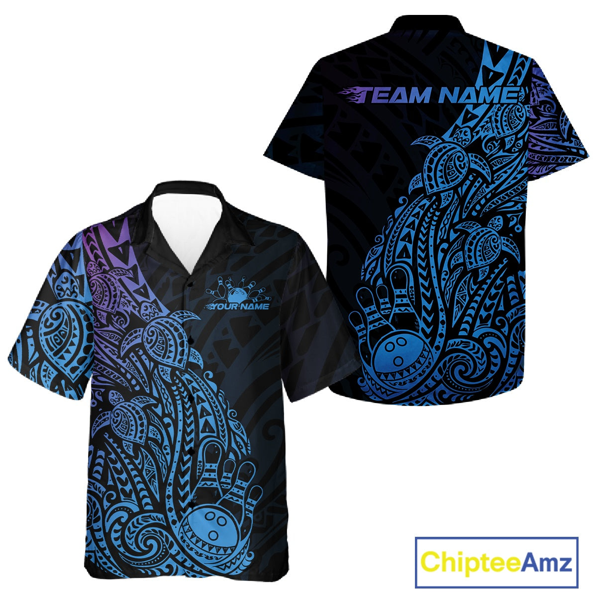 Front and back views of a black, blue, and purple button-up bowling shirt showcasing turtle-themed Polynesian bowling graphics.