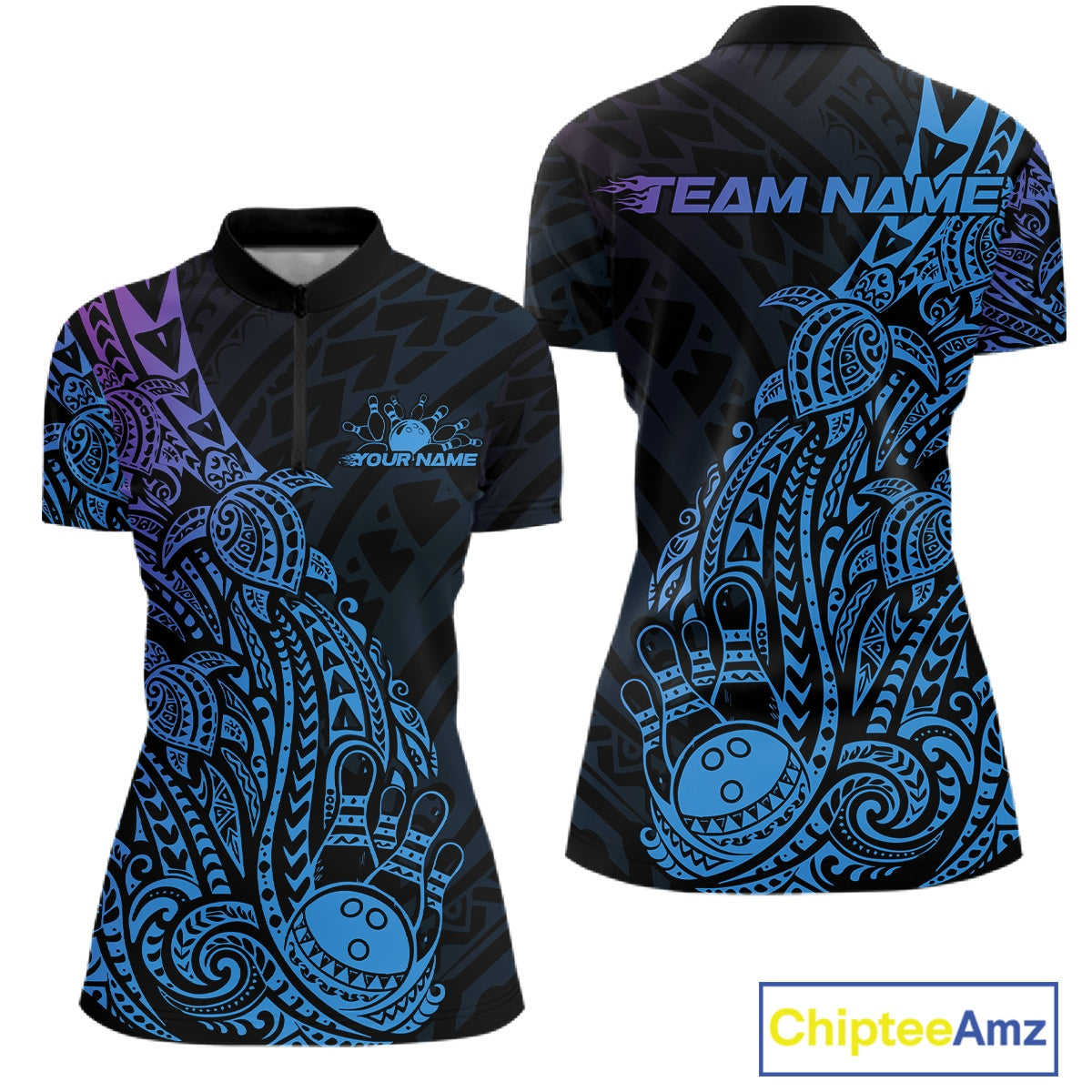 Front and back views of a black, blue, and purple womens bowling quarter-zip shirt featuring bowling ball and pin artwork surrounded by tribal swirls and turtle Polynesian patterns.