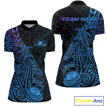 Front and back views of a black, blue, and purple womens bowling quarter-zip shirt featuring bowling ball and pin artwork surrounded by tribal swirls and turtle Polynesian patterns.