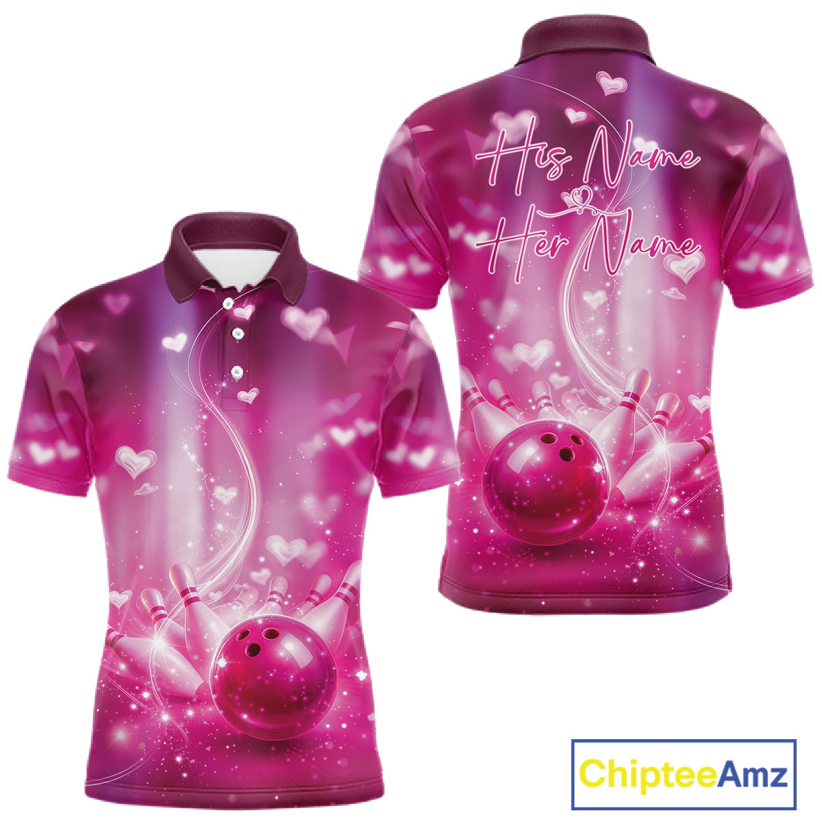 Custom Pink Valentine Bowling Couple Shirts, Pink Heart Theme Bowling Jerseys With His Name And Her Name IPHW10474