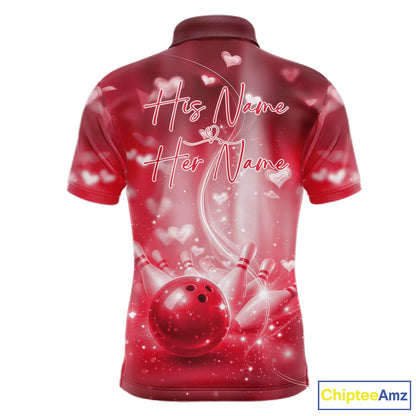Custom Red Valentine Bowling Couple Shirts, Red Heart Theme Bowling Jerseys With His Name And Her Name IPHW10475