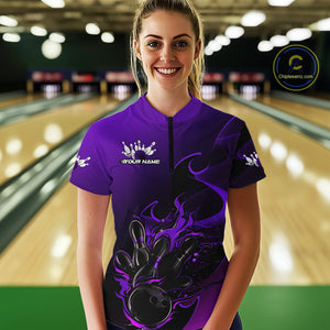 Custom Black And Purple Flame Bowling Women Quarter-Zip Shirt, Bowling Tournament Shirt IPHW9869