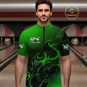 Custom Black And Green Flame Bowling Team Men Quarter-Zip Shirt, Bowling Tournament Shirt IPHW9870