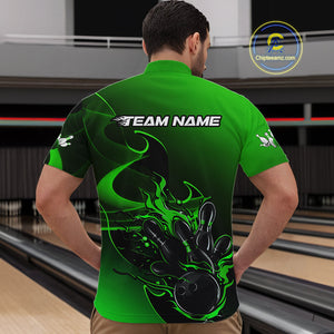 Custom Black And Green Flame Bowling Team Men Quarter-Zip Shirt, Bowling Tournament Shirt IPHW9870