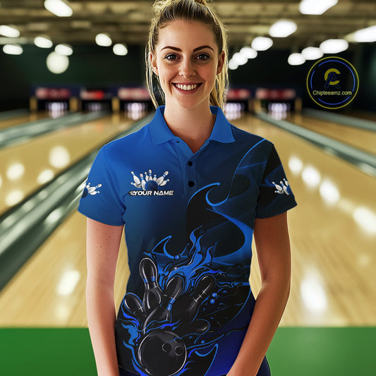 Custom Black And Blue Flame Bowling Team Women Polo Shirt, Bowling Tournament Shirt IPHW9871