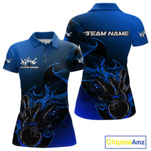 Load image into Gallery viewer, Custom Black And Blue Flame Bowling Team Women Polo Shirt, Bowling Tournament Shirt IPHW9871