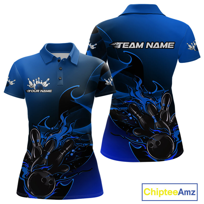 Custom Black And Blue Flame Bowling Team Women Polo Shirt, Bowling Tournament Shirt IPHW9871