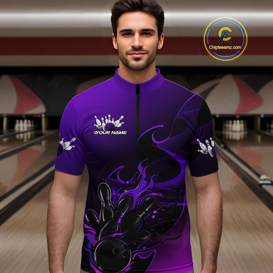 Custom Black And Purple Flame Bowling Team Men Quarter-Zip Shirt, Bowling Tournament Shirt IPHW9869