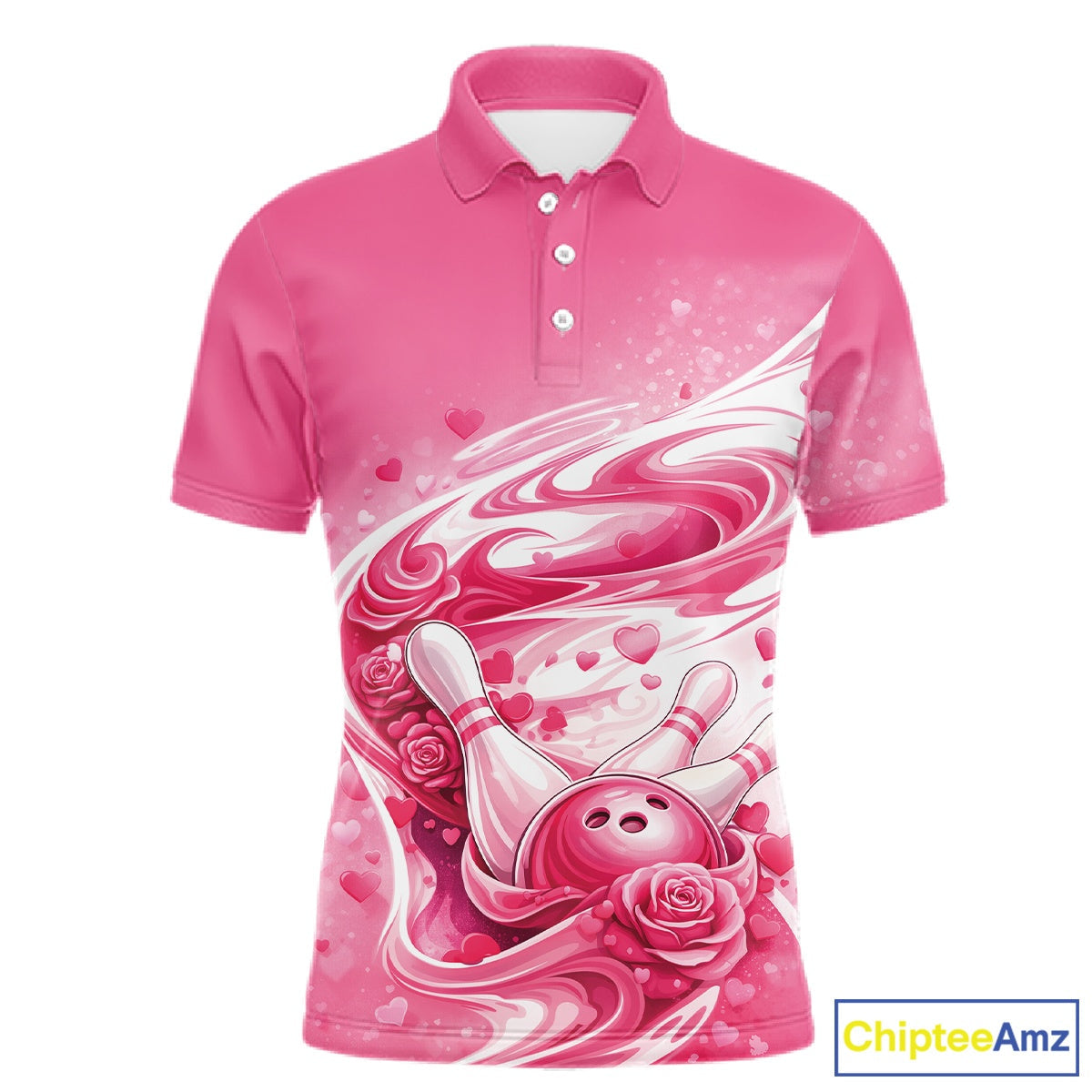 Custom Pink Heart Valentine Bowling Couples Shirt, Heart And Roses Bowling Husband And Wife Gifts With Name IPHW10518