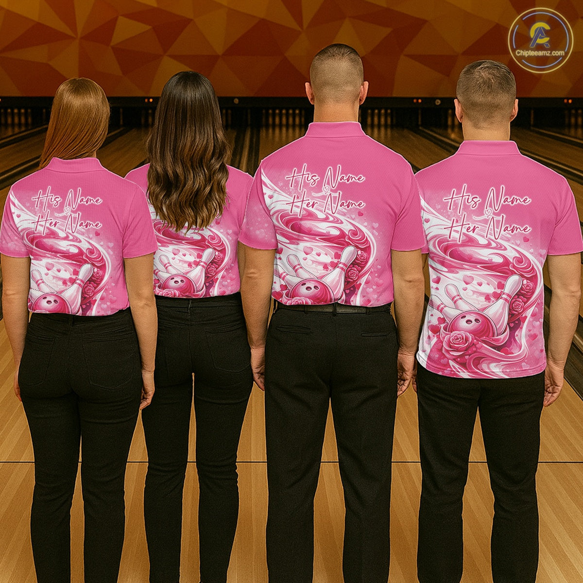Custom Pink Heart Valentine Bowling Couples Shirt, Heart And Roses Bowling Husband And Wife Gifts With Name IPHW10518