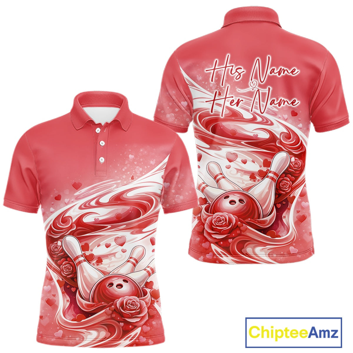 Custom Red Heart Valentine Bowling Couples Shirt, Heart And Roses Bowling Husband And Wife Gifts With Name IPHW10519