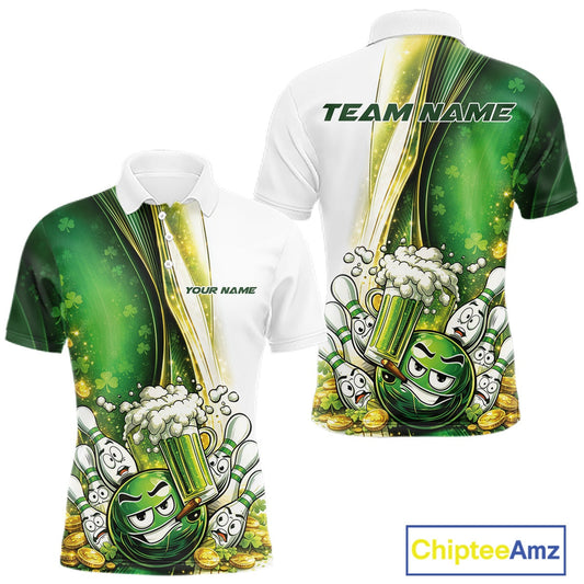 Custom Funny St Patricks Party Beer Bowling Team Shirts, Green Shamrock And Gold Coin Bowling Jerseys IPHW10522