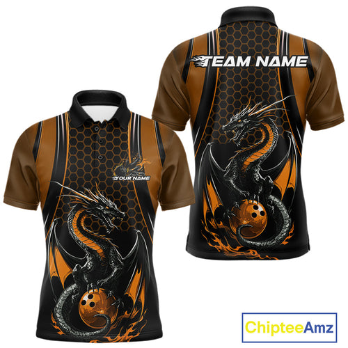 Custom Black And Orange Flame Dragon Bowling Jerseys, Dragon Bowling Team Men Polo Shirt IPHW9906